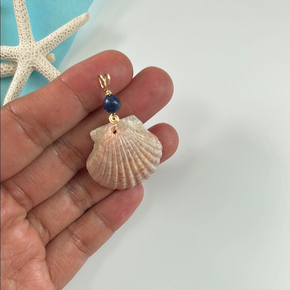 Blush Pink Calico Shell Pendant with Lapis Lazuli